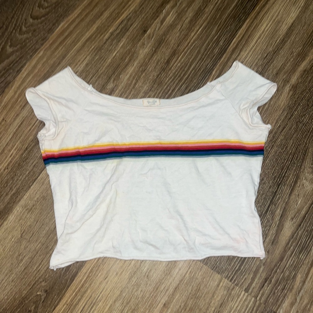 Brandy Melville White off the shoulder top with Rainbow Stripe